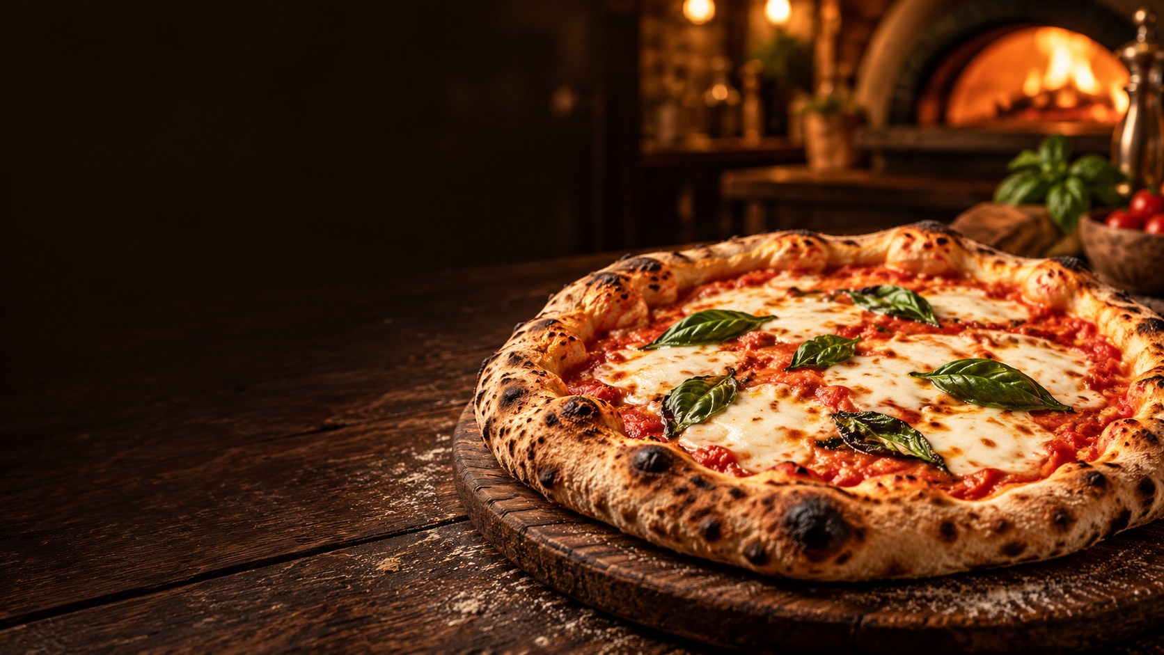 Knusprige Pizza mit Tomaten, Mozzarella und Basilikum vor einem glühenden Ofen – Serviervorschlag