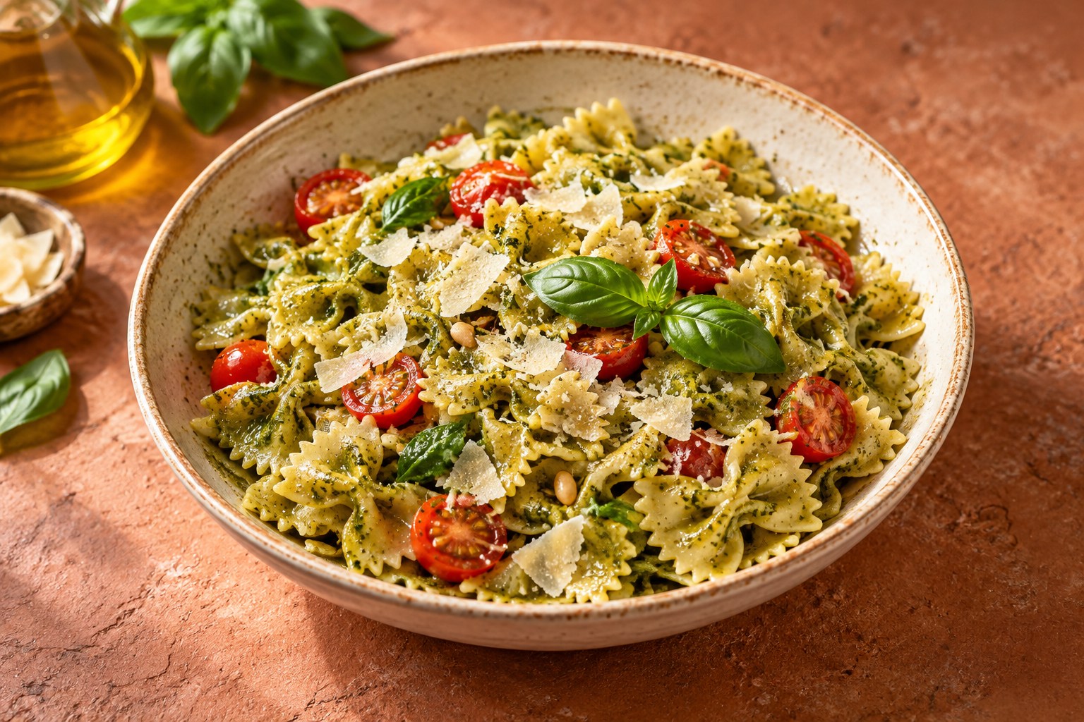 Farfalle mit Basilikumpesto und Kirschtomaten – Beispielgericht